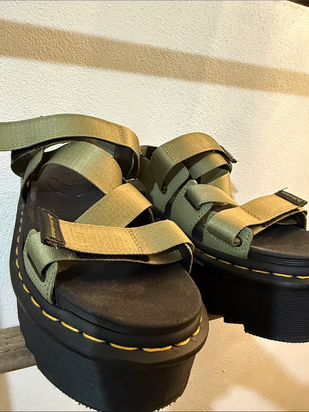 Dr. Martens Olive Strappy Platform Sandals with Yellow Stitching - Picture 12 of 12